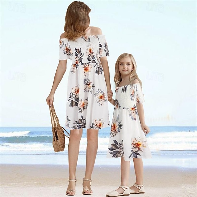  mamma och dotter klänning en-axel blommig lång klänning för mamma och mig kläder mamma och dotter familj matchande kläder