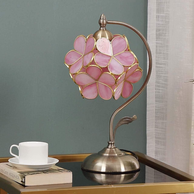  Lampă de birou în vitraliu în stil sakura tiffany cu abajur petale retro din alamă pură bază comutator mufă lampă de birou decorativă ac100-240v potrivită pentru dormitor de studiu măsuță de cafea