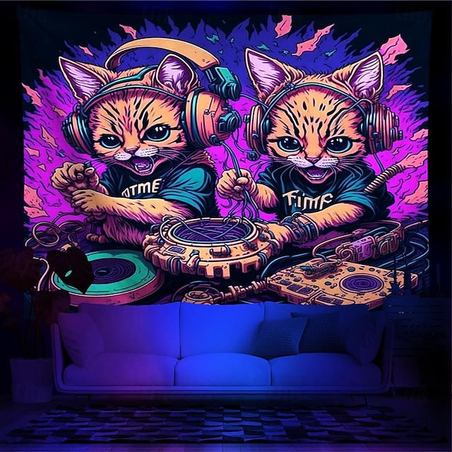  blacklight gobelin uv reaktiv glød i mørket mælkebøtter katte trippy tåget hængende gobelin vægmaleri til soveværelset i stuen