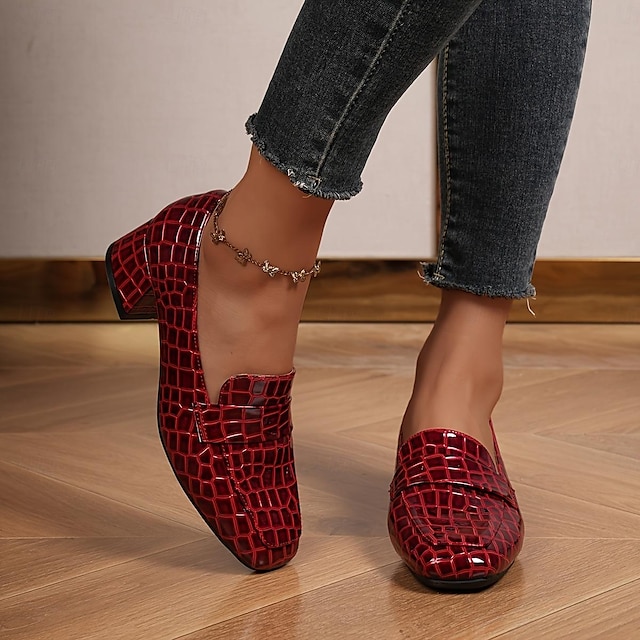 Women's Crocodile Pattern Chunky Heel Loafers Elegant Square Toe Dress Pumps Fashion Slip On Loafers Black Burgundy Brown