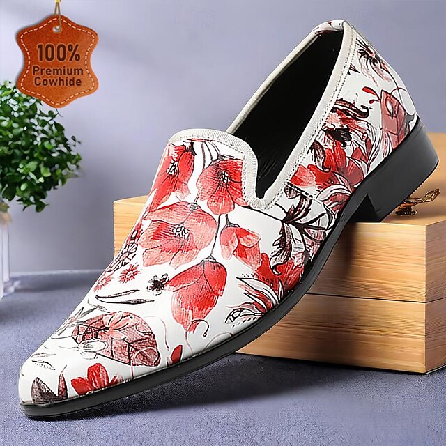 Men's Loafers & Slip-Ons Print Shoes Dress Loafers Leather Italian Full-Grain Cowhide Comfortable Slip Resistant Loafer Pink / White 9