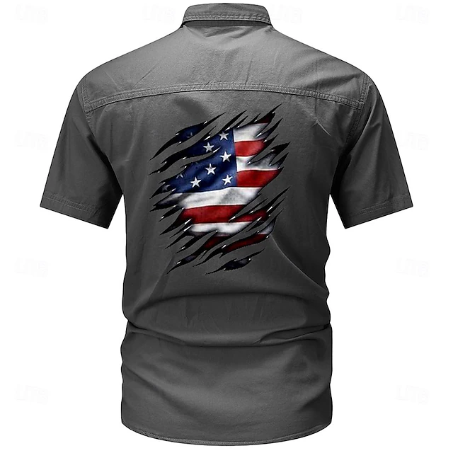 Men's National Flag Work Shirt Western Shirt Cargo Shirt Short Sleeve Casual Tactical Going out Summer Turndown Buttons Print Black Green Dark Blue Beige Gray 10