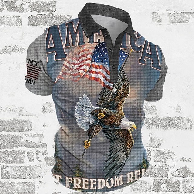 American Independence Day Men's American Flag Veterans Waffle Polo Shirts Golf Shirt Short Sleeve Polo Shirts Collared Shirts Casual Streetwear Vacation Wear Party Outfits Buttons 3D Print Summer4