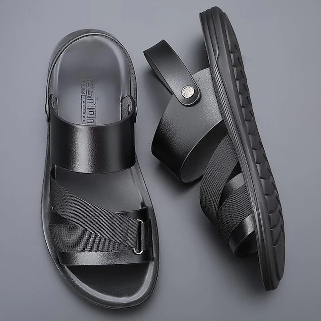 Men's Black Slip-On Sandals with Adjustable Straps and Soft Sole, Minimalist Open Toe Summer Shoes for Beach, Casual Walking and Daily Wear 9