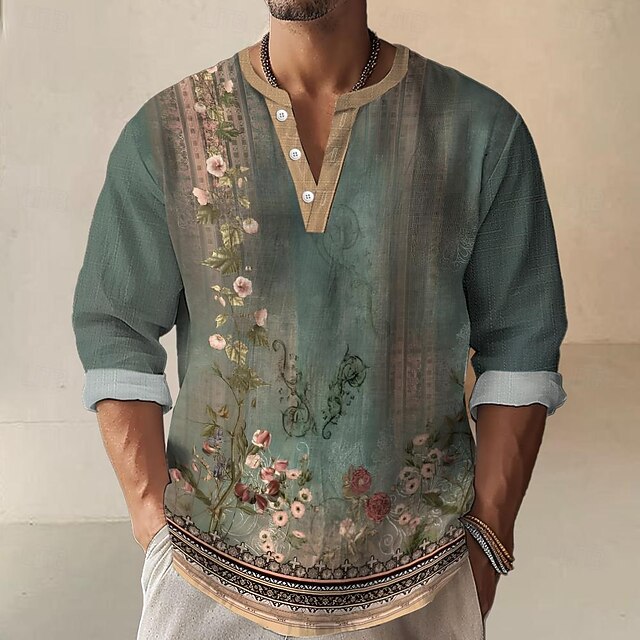 Men's Shirt Button Up Shirt Long Sleeve Casual Outdoor Daily Summer Spring Fall Stand Collar Print Green4