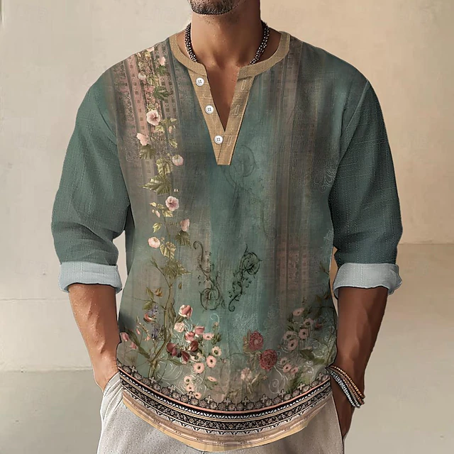 Men's Shirt Button Up Shirt Long Sleeve Casual Outdoor Daily Summer Spring Fall Stand Collar Print Green4