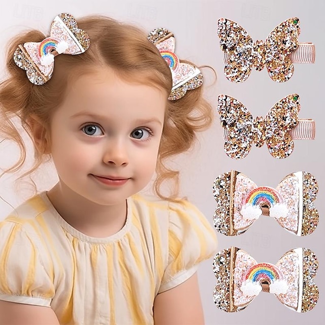  Um par de clipe de borboleta dourada para meninas, clipe de arco-íris, clipe de couro com glitter para crianças, bolsa completa