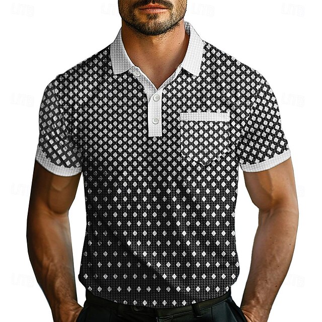Men's Geometric Gradient Waffle Polo Shirts Polo Shirts Short Sleeve Polo Shirts Turndown Business Casual Outdoor Vacation Streetwear 3D Print Summer Black4