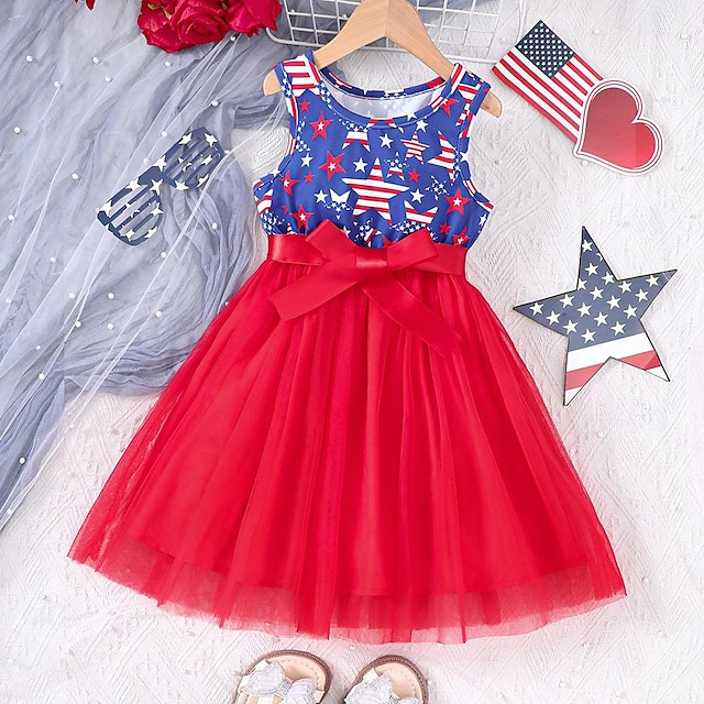  שמלת דגל פטריוטי זוהרת בנות - רשת & חצאית טול עם מחוך כוכבים מנצנץ - מושלמת ליום העצמאות & חגים חגיגיים - תלבושת ילדים מקסימה