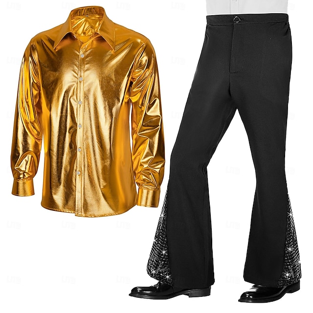  Metallic Retro Vintage 1970s Disco Outfits Shirt Bell Bottom Pants Men's Halloween Carnival Fancy Party Shirt