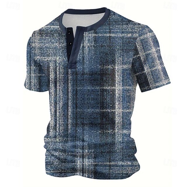 Men's Graphic Color Block Waffle Shirt Short Sleeve 3D Print Vacation Fashion Vacation Casual Daily Summer Spring Dark Blue Henley Henley T-Shirt4