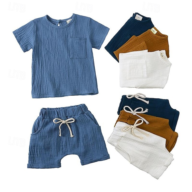  2 Pieces Toddler Boys T-shirt & Shorts Outfit Solid Color Short Sleeve Set School Fashion Summer Spring 3-7 Years