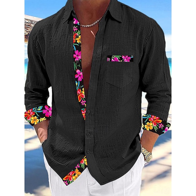 Homens Camisa Social camisa de linho camisa de botão camisa de verão camisa de praia Preto Branco Rosa Manga Longa Tecido Colarinho Primavera Verão Casual Diário Roupa