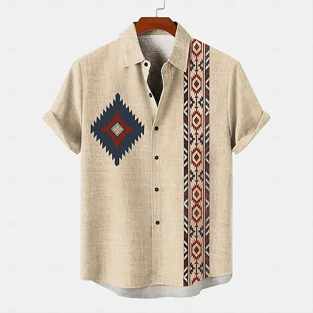  Męskie Koszula lniana koszula koszule w stylu retro Koszula w stylu vintage Koszula etniczna Codzienny Niebieski Khaki Krótki rękaw Wieczorne Lato Wiosna Odzież