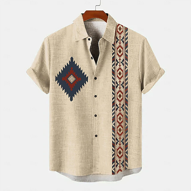 Men's Shirt Linen Shirt Retro Shirts Vintage Shirt Ethnic Shirt Daily Blue khaki Short Sleeve Turndown Summer Spring Clothing Apparel 5