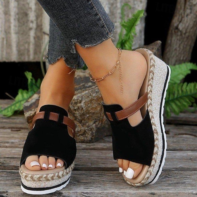  sandale cu platformă cu pană de damă sandale cu platformă peep toe pantofi de vară sandale casual în aer liber plajă de vară bej negru