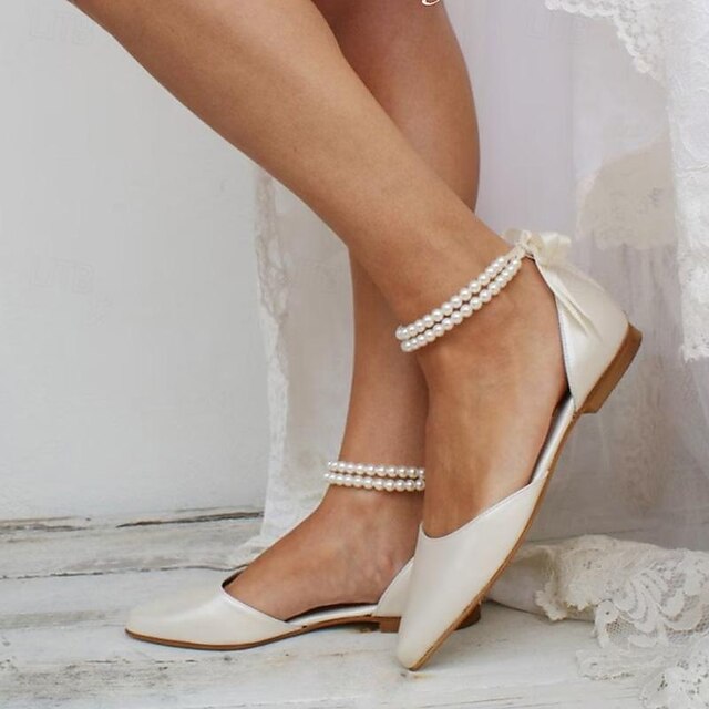 Women's White Pearl Ankle Strap Flats – Elegant Bridal Shoes for Weddings and Special Occasions 7