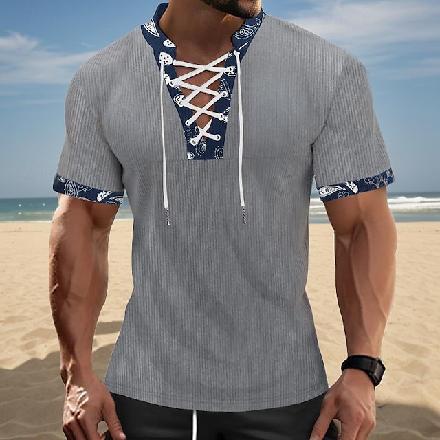  Homme T shirt Tee Chemise en Velours Côtelé Tee Chemise à manches courtes T-shirt Bloc de couleur Col V Plein Air Vacances Manche Courte Lacet Patchwork Vêtement Tenue Mode Design basique