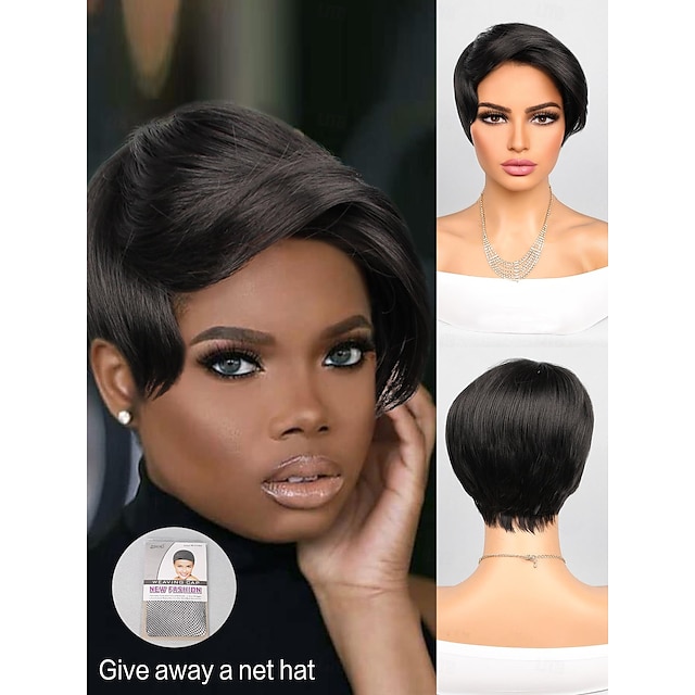  Συνθετικές Περούκες Ίσιο Πλευρικό μέρος Περούκα 10 ίντσες Μαύρο Συνθετικά μαλλιά Γυναικεία Μαύρο