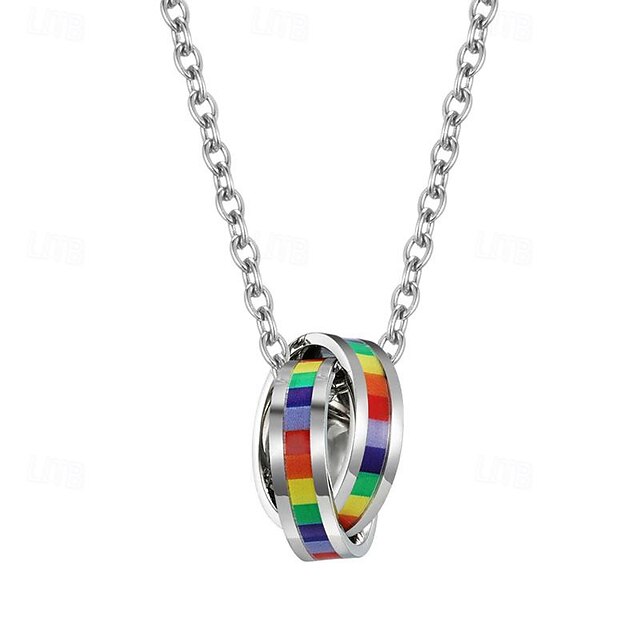  Pride Rainbow Flag Double Ring Titanium Steel Necklace Comrade Pull Six Color Double Ring Pendant