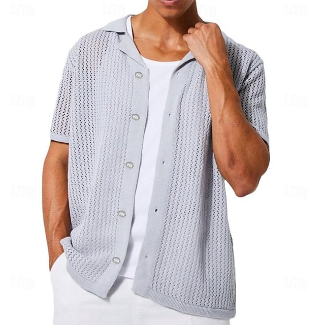  Men's Knit Polo Sweater Cardigan Work Casual Lapel Short Sleeve Fashion Cool Solid / Plain Color Knitted Spring, Fall, Winter, Summer Regular Fit Black White Pink Apricot Gray Knit Polo Sweater