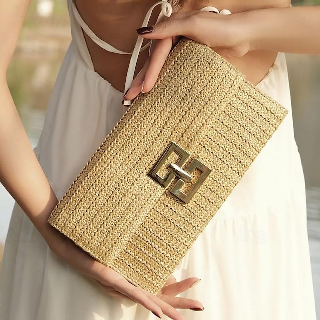  Women's Elegant Gold Straw Clutch with Designer-Style Closure - Perfect for Evening Events