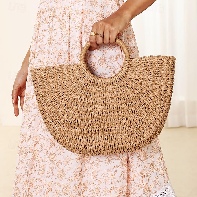  Women's Handbag Beach Bag Dome Bag Straw Holiday Beach Large Capacity Solid Color Woven Khaki Beige