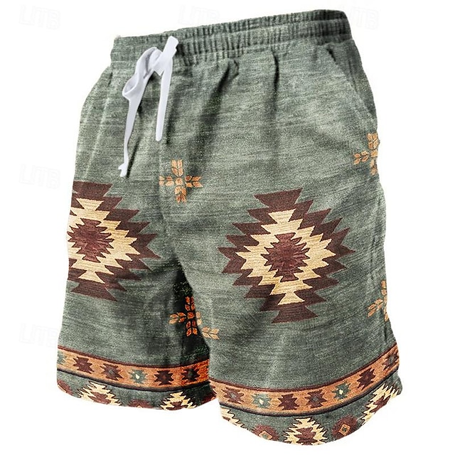  Men's Sweat Shorts Beach Shorts Terry Shorts Drawstring Elastic Waist 3D Print Graphic Prints Geometry Breathable Soft Short Daily Holiday Streetwear Cotton Blend Vintage Ethnic Style Yellow Blue
