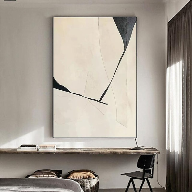 Pintura abstracta wabi sabi en blanco y negro hecha a mano, arte de pared, obra de arte, pintura al óleo abstracta moderna, figuras geométricas, arte de pared para decoración del hogar