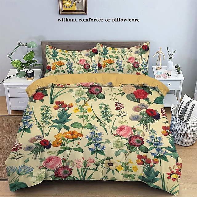 Retro Painted Floral Print 3-Piece Duvet Cover Set for Summer Soft Skin ...