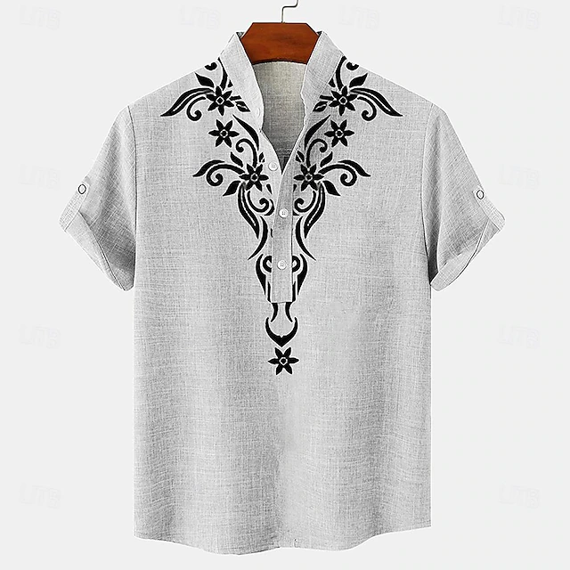 Men's Shirt Linen Shirt Henley Shirt Retro Shirts Vintage Shirt Ethnic Shirt Ethnic Daily Holiday Blue Beige Gray Short Sleeve Band Collar Summer Spring Clothing Apparel Print 6