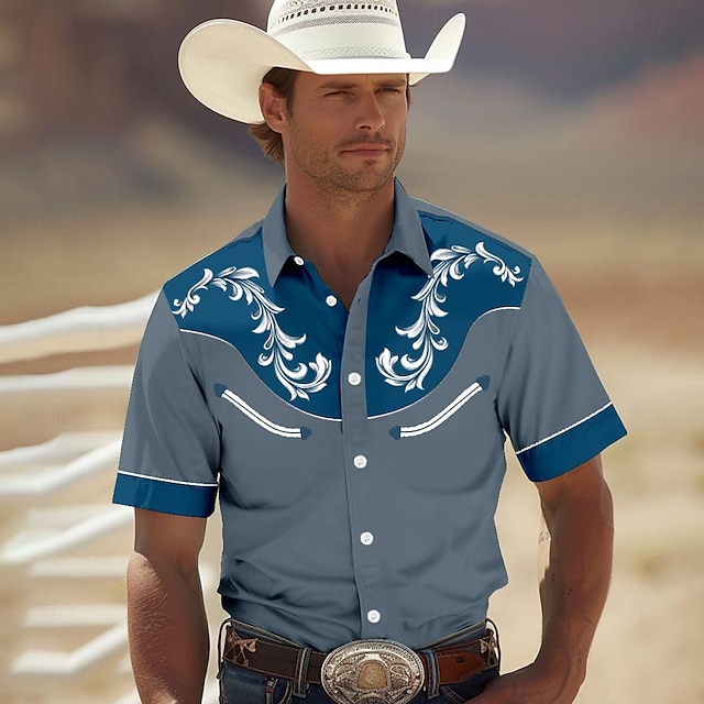  Homens Camisa Social camisa ocidental Camisa de caubói Manga Curta estilo ocidental Tribal Verão Primavera Colarinho de Camisa Amarelo Verde Cáqui Azul Escuro