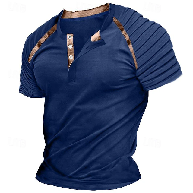 Men's Henley Shirt Raglan T Shirt Short Sleeve Plain Slim Pleated Fashion Designer Casual Patchwork Pleats Henley Outdoor Vacation Daily Summer White Navy Blue Dark Gray Henley T-Shirt 17