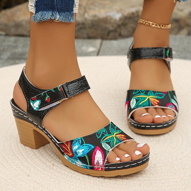 Women's Boho Floral Embroidered Chunky Heel Sandals – Colorful Peep Toe Summer Shoes for Casual Outings, Festivals, and Vacation Style 6