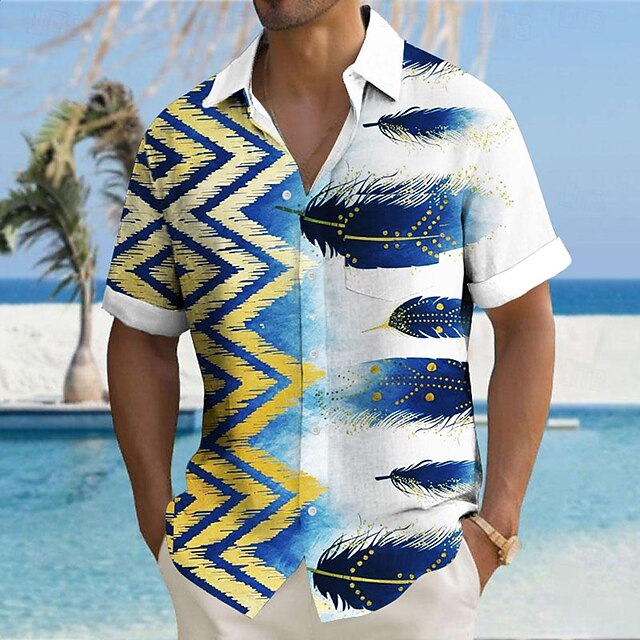 Men's Geometric Ocean Geometric Pattern Button Up Shirt Short Sleeve Hawaiian Resort Outdoor Casual Holiday Summer Spring Turndown Print Blue4