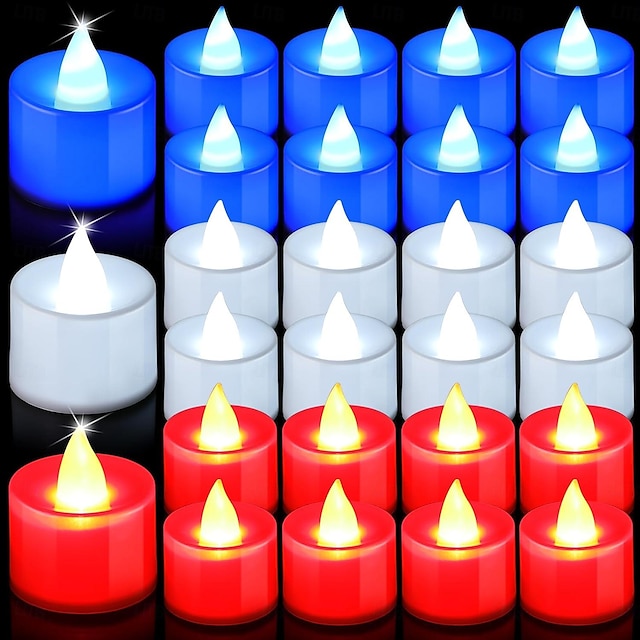  24 piezas de luz de té sin llama día de la independencia luz de vela electrónica luz roja blanca azul 4 de julio luz votiva LED intermitente patriótica cuatro de julio día conmemorativo del trabajo de