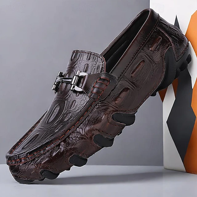 Men's Crocodile Pattern Leather Loafers - Luxury Slip-On Dress Shoes with Metal Buckle for Formal and Casual Wear 14