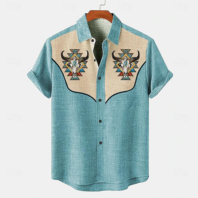 Men's Shirt Linen Shirt Retro Shirts Vintage Shirt Ethnic Shirt Western Work Causal Blue Green khaki Short Sleeve Turndown Summer Spring Clothing Apparel 6