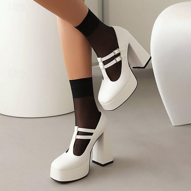  Damen Absätze Weiße Schuhe Täglich Schnalle Blockabsatz Quadratischer Zeh Modisch Minimalismus Mikrobielles Leder Schnalle Schwarz Weiß Rosa