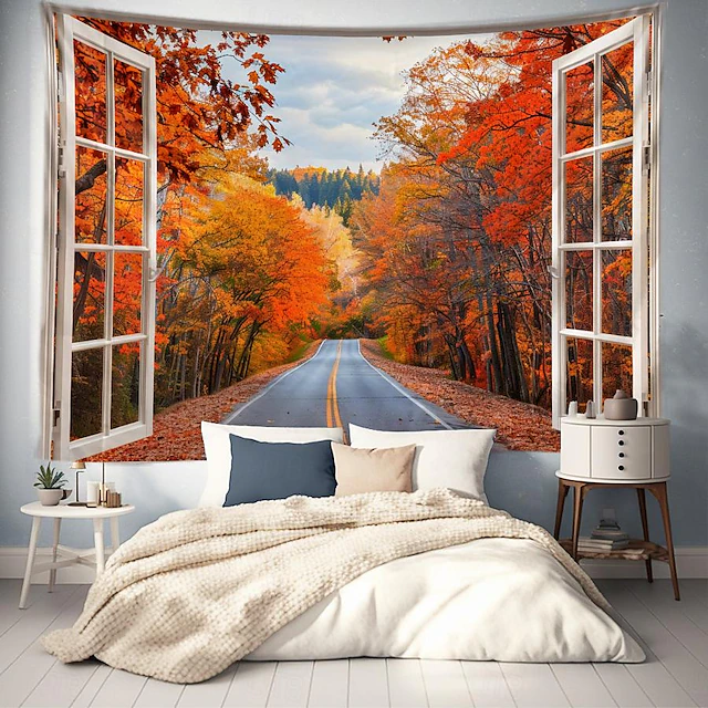 Window Landscape Wall Tapestry Art Decor Blanket Curtain Picnic Tablecloth Hanging Home Bedroom Living Room Dorm Decoration Polyester Forest 25