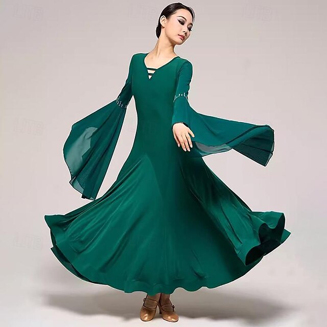  Danse de Salon Robe Strass Couleur Pure Fantaisie Femme Utilisation Soirée manche longue Mousseline de soie Coton cristal