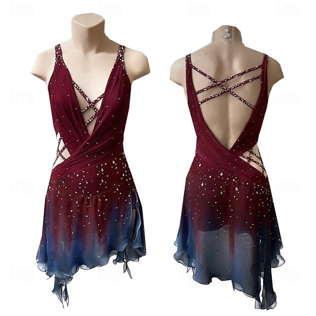 Figure Skating Dress Women's Girls' Ice Skating Dress Burgundy Thumbhole Halo Dyeing High Elasticity Professional Competition Skating Wear Thermal Warm Crystal / Rhinestone Long Sleeve Ice Skating4