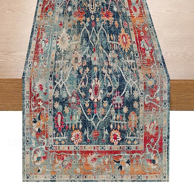  Bohemian Style Table Runner, Linen, Vintage Geometric Flower Print, Home Coffee Table, Dinner Table Decoration, Tablecloth