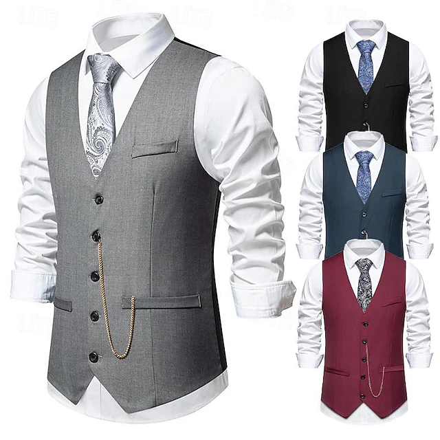 Men's Vest Gilet Daily Wear Vacation Going out Vintage Fashion Spring & Fall Button Polyester Comfortable Plain Single Breasted V Neck Regular Fit Black Burgundy Dark Navy Gray Vest 13