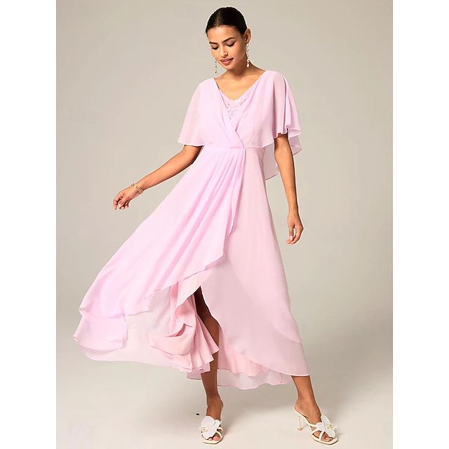 Women's Wedding Guest Cocktail Dress Chiffon Lace Split Elegant Formal A Line Maxi Dress V Neck Short Sleeve Pink Color 10