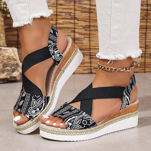  Sandales compensées pour femmes, sandales à plateforme, quotidien, été, plage, talon caché, bout ouvert, décontracté, noir, rouge, bleu