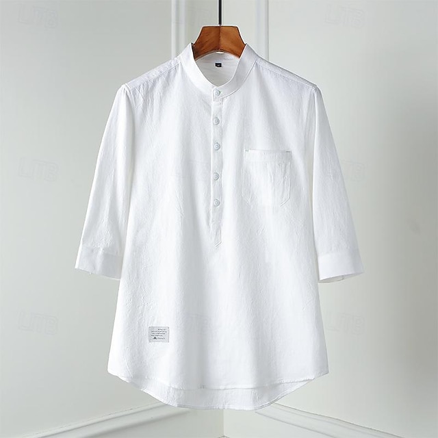  Per uomo Camicia camicia di lino Camicia con colletto cinese Camicia con colletto alla coreana Camicia popover Maglietta informale Liscio Da mare Hawaiano Nero Bianco Beige Azzurro Manica a 3/4 A