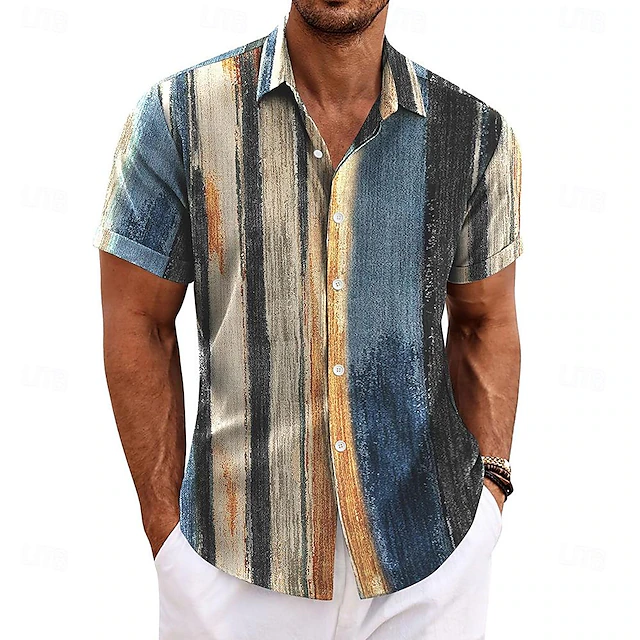 Men's Shirt Linen Shirt Retro Shirts Vintage Shirt Ethnic Shirt Striped Formal Outdoor Blue Short Sleeve Turndown Summer Clothing Apparel4