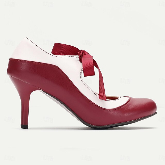 Elegant Vintage Two-Tone Red and White Ribbon-Tie Pumps for Women - Stylish High Heel Dress Shoes 7