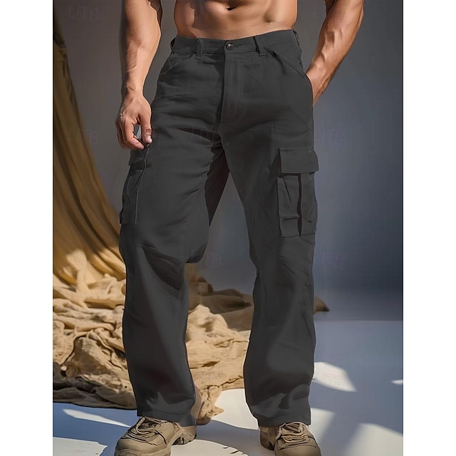  Men's Linen Pants Trousers Summer Pants Multi Pocket Straight Leg Plain Comfort Breathable Full Length Outdoor Casual Daily Fashion Streetwear Black White